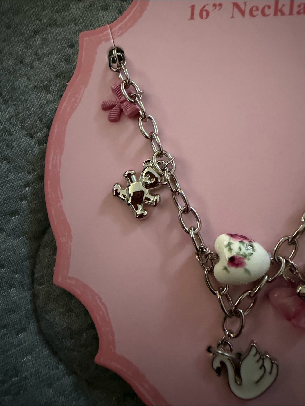 Girls Pink Charm Necklace with Swan and Floral Heart - Picture 3 of 3